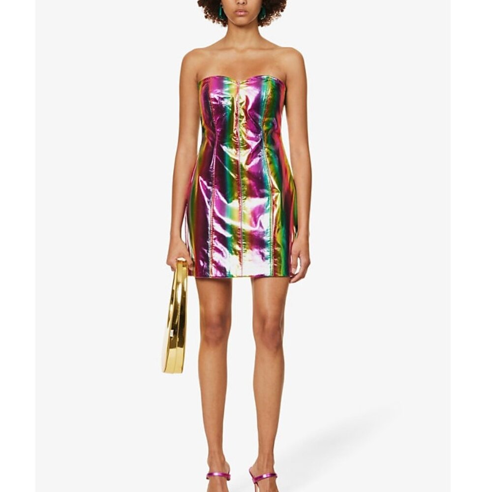 Stunning shiny AMY LYNN  striped faux-leather mini dress size S RARE